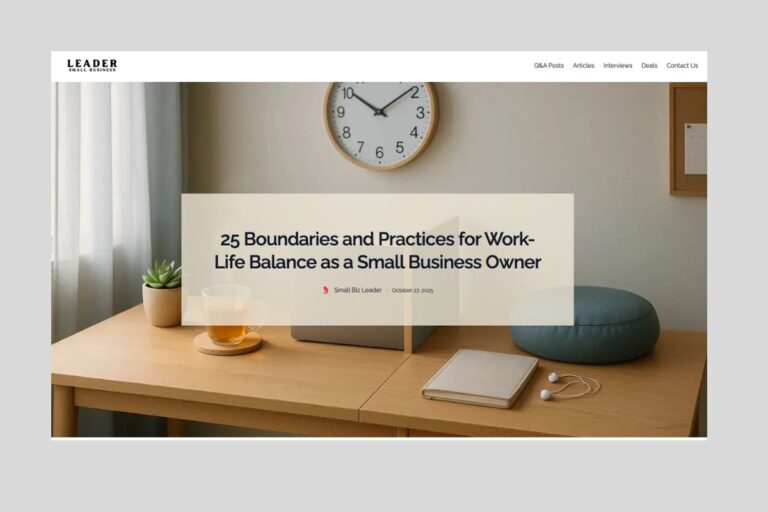 Minimalist desk workspace with a wall clock, tea, notebook, and earbuds beside an article on work-life balance for small
