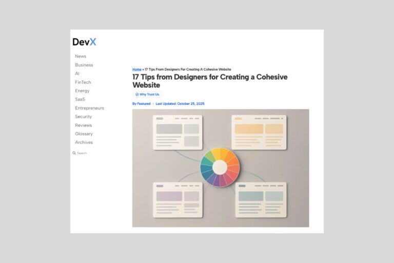 Color wheel at center connecting four website layout mockups showing varied color schemes for cohesive web design