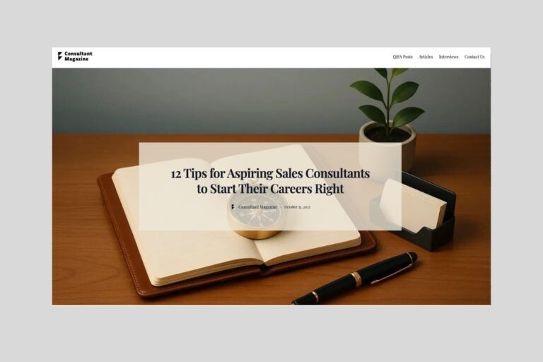 Consultant Magazine article header: "12 Tips for Aspiring Sales Consultants to Start Their Careers Right" over a desk