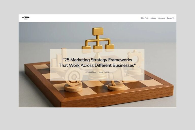 Chess board with ivory pieces and a gold organizational chart icon, beside article title 25 Marketing Strategy Frameworks