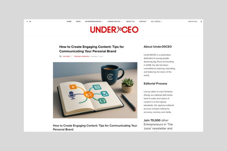 Under30CEO website article: "How to Create Engaging Content: Tips for Communicating Your Personal Brand" with open notebook