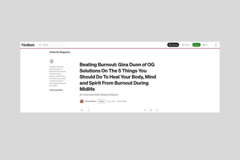 Medium article titled Beating Burnout: Gina Dunn of OG Solutions on healing body, mind and spirit from burnout during midlife