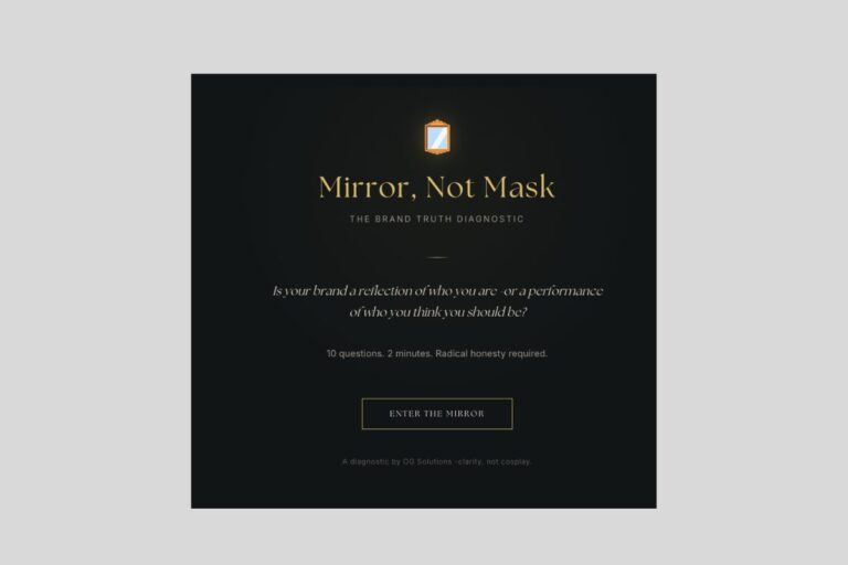 Mirror Not Mask brand truth diagnostic landing screen with tagline, 10-question description, and Enter the Mirror